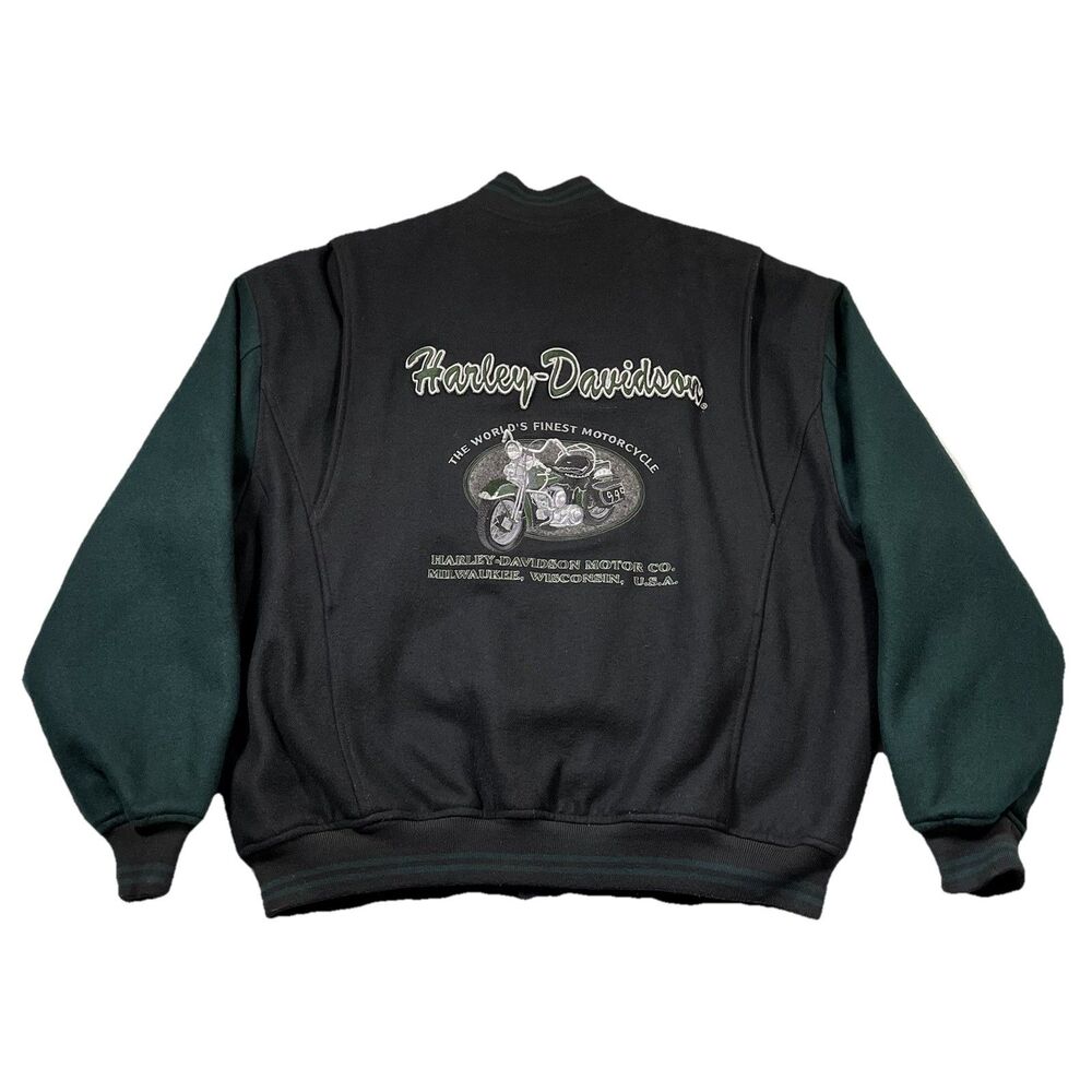 Harley Davidson Bucks Sioux Falls SD Wool Bomber Jacket XL Black Green